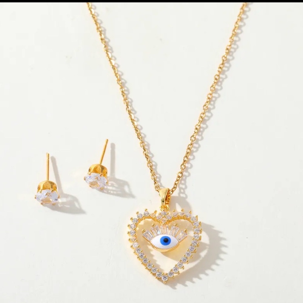 Evil Eye Heart Necklace & Stud Earrings Set